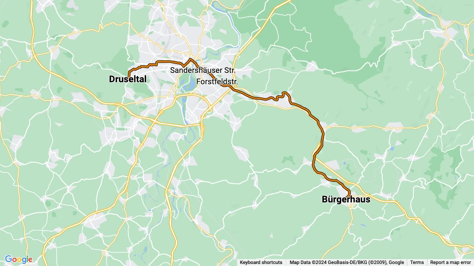 Kassel Straßenbahnlinie 4: Druseltal - Bürgerhaus Linienkarte