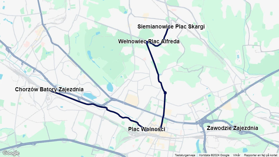 Kattowitz Straßenbahnlinie T13: Siemianowice Plac Skargi - Chorzów Batory Zajezdnia Linienkarte