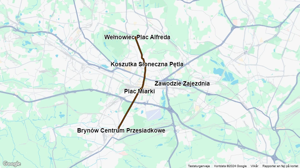 Kattowitz Straßenbahnlinie T16: Brynów Centrum Przesiadkowe - Wełnowiec Plac Alfreda Linienkarte