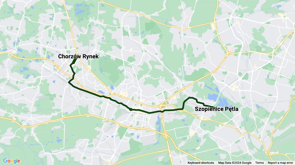 Kattowitz Straßenbahnlinie T20: Chorzów Rynek - Szopienice Pętla Linienkarte