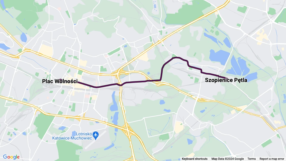 Kattowitz Straßenbahnlinie T34: Plac Wolności - Szopienice Pętla Linienkarte