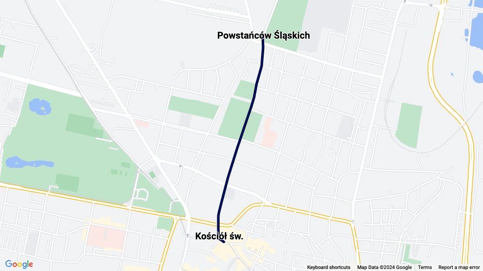 Kattowitz Straßenbahnlinie T38: Kościół św. - Powstańców Śląskich Linienkarte
