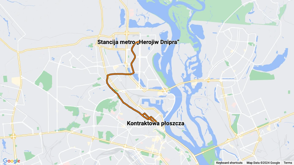 Kiew Straßenbahnlinie 16: Kontraktowa płoszcza - Stancija metro „Herojiw Dnipra” Linienkarte