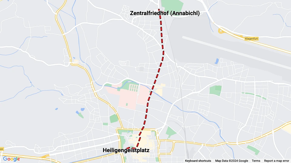 Klagenfurt am Wörthersee Straßenbahnlinie A: Heiligengeistplatz - Zentralfriedhof (Annabichl) Linienkarte