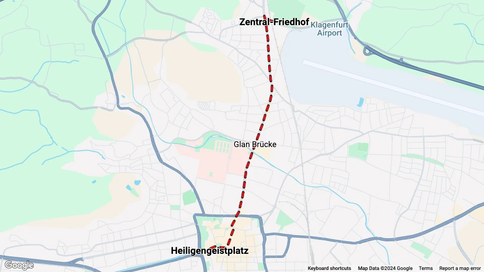 Klagenfurt Straßenbahnlinie A: Heiligengeistplatz - Zentral-Friedhof Linienkarte