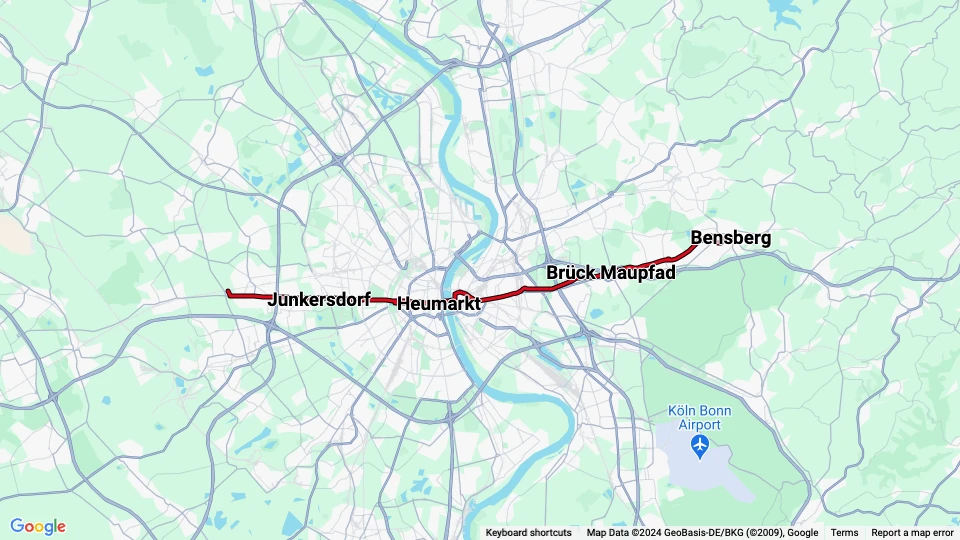 Köln Straßenbahnlinie 1: Weiden West - Bensberg Linienkarte