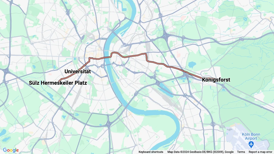 Köln Straßenbahnlinie 9: Sülz Hermeskeiler Platz - Königsforst Linienkarte