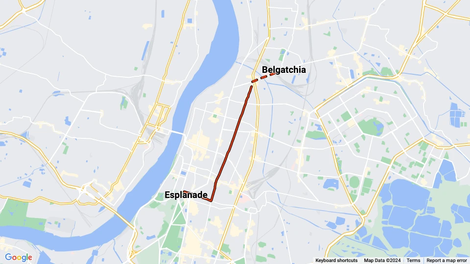 Kolkata Straßenbahnlinie 1: Esplanade - Belgatchia Linienkarte