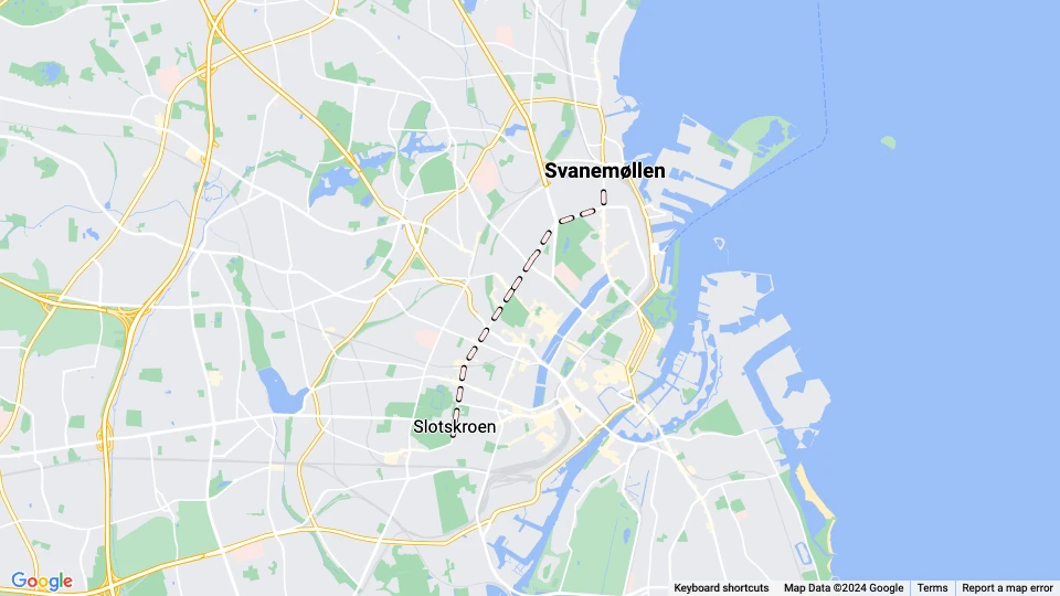 Kopenhagen Nachtlinie A: Svanemøllen - Slotskroen Linienkarte