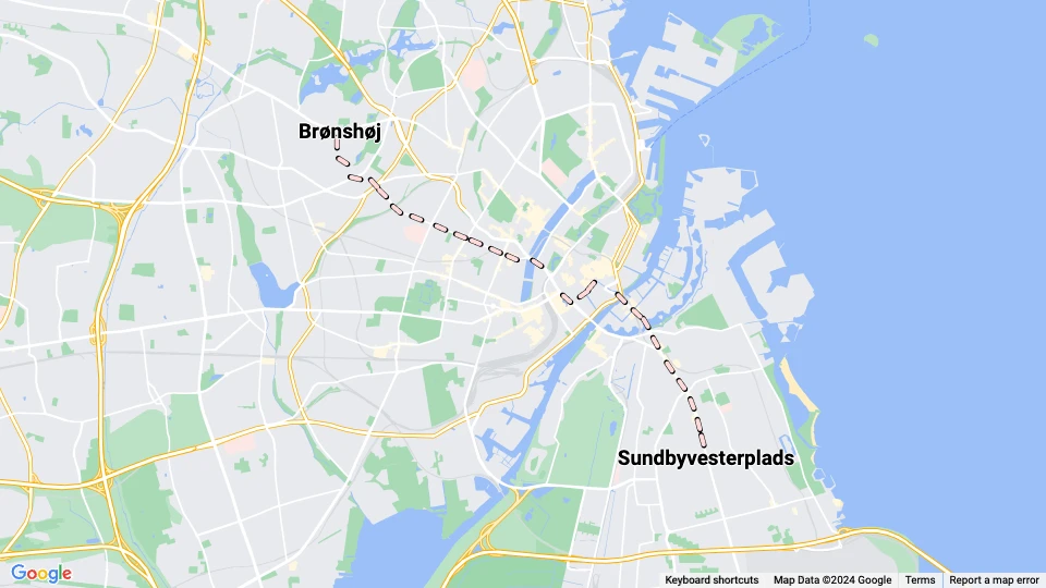 Kopenhagen Nachtlinie B: Brønshøj - Sundbyvesterplads Linienkarte