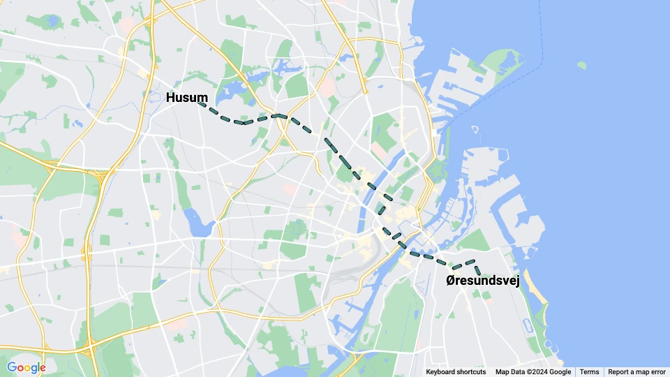Kopenhagen Nachtlinie E: Husum - Øresundsvej Linienkarte