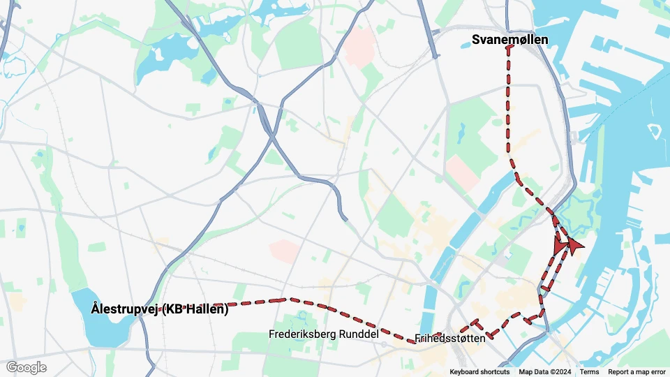 Kopenhagen Straßenbahnlinie 1: Svanemøllen - Ålestrupvej (KB Hallen) Linienkarte
