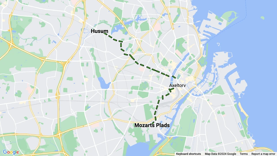 Kopenhagen Straßenbahnlinie 11: Mozarts Plads - Husum Linienkarte