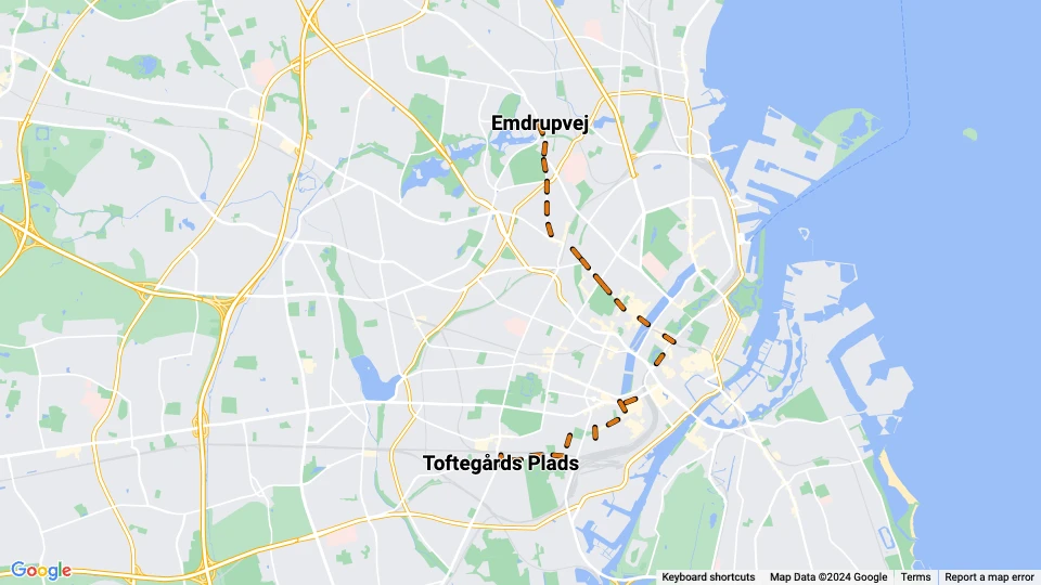 Kopenhagen Straßenbahnlinie 16: Toftegårds Plads - Emdrupvej Linienkarte