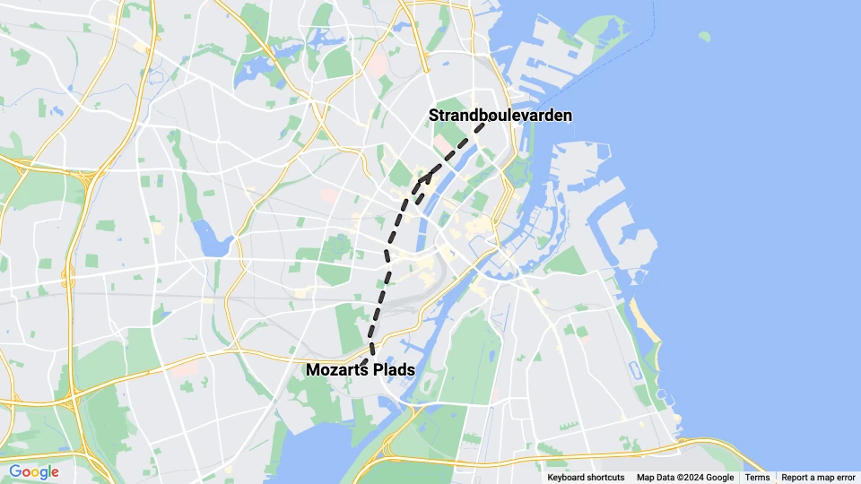 Kopenhagen Straßenbahnlinie 3: Mozarts Plads - Strandboulevarden Linienkarte