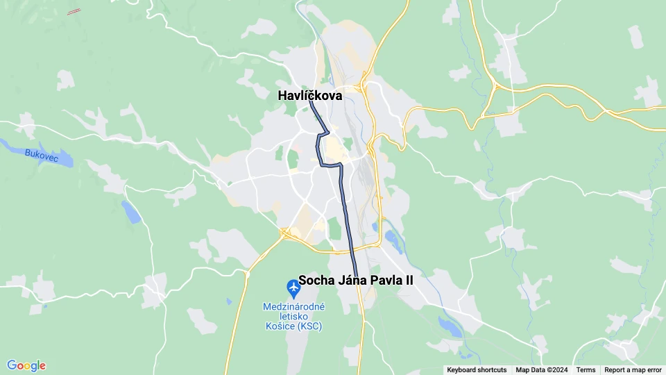 Košice Straßenbahnlinie 4: Havlíčkova - Socha Jána Pavla II Linienkarte