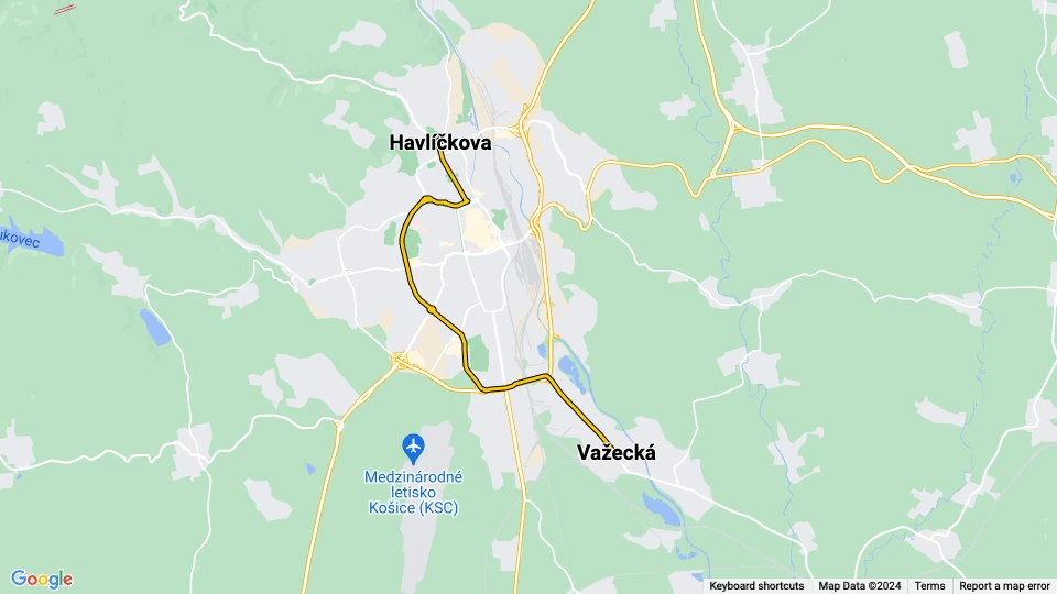 Košice Straßenbahnlinie 9: Važecká - Havlíčkova Linienkarte