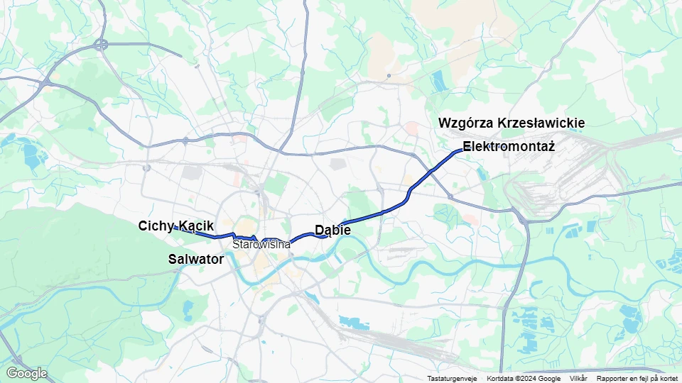 Krakau Straßenbahnlinie 1: Cichy Kącik - Elektromontaż Linienkarte