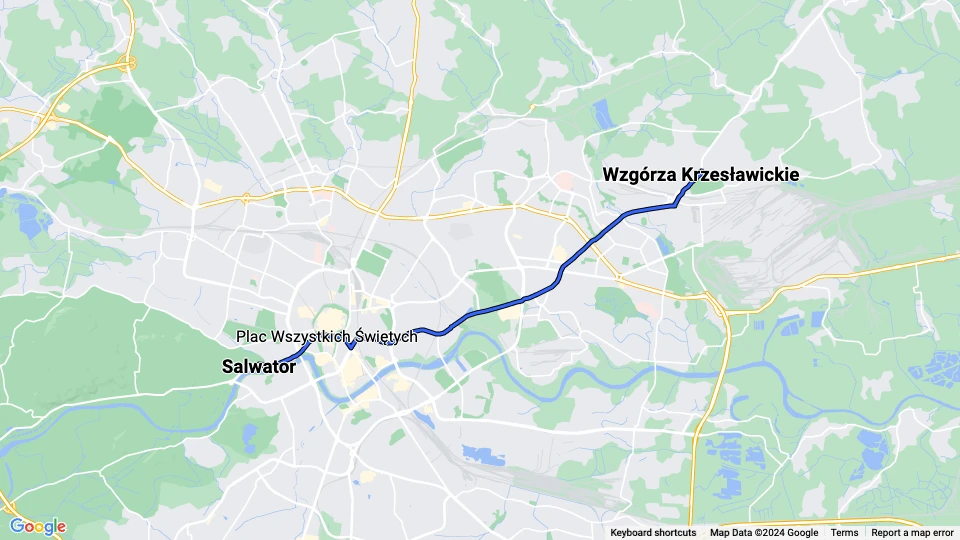 Krakau Straßenbahnlinie 1: Salwator - Wzgórza Krzesławickie Linienkarte
