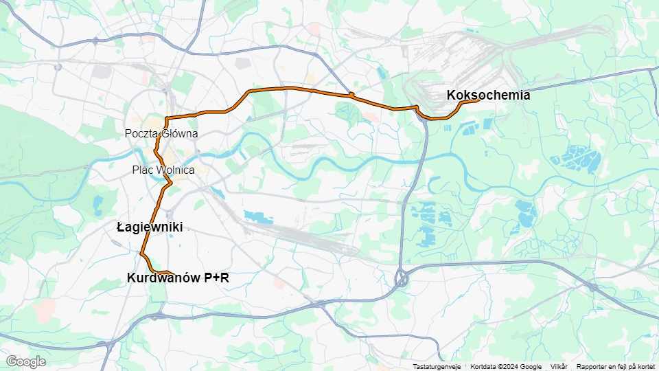 Krakau Straßenbahnlinie 10: Koksochemia - Kurdwanów P+R Linienkarte