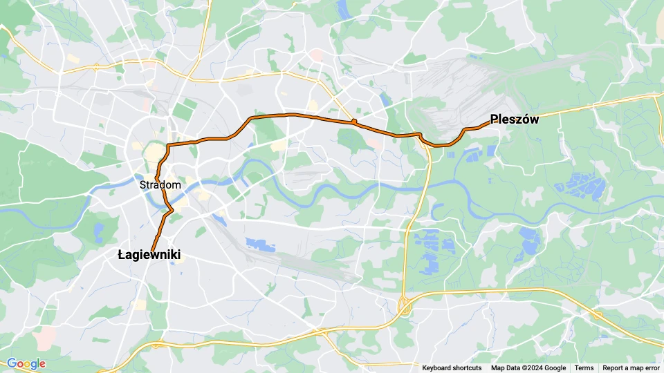 Krakau Straßenbahnlinie 10: Pleszów - Łagiewniki Linienkarte