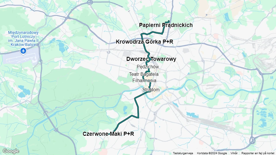 Krakau Straßenbahnlinie 18: Górka Narodowa P+R - Czerwone Maki P+R Linienkarte