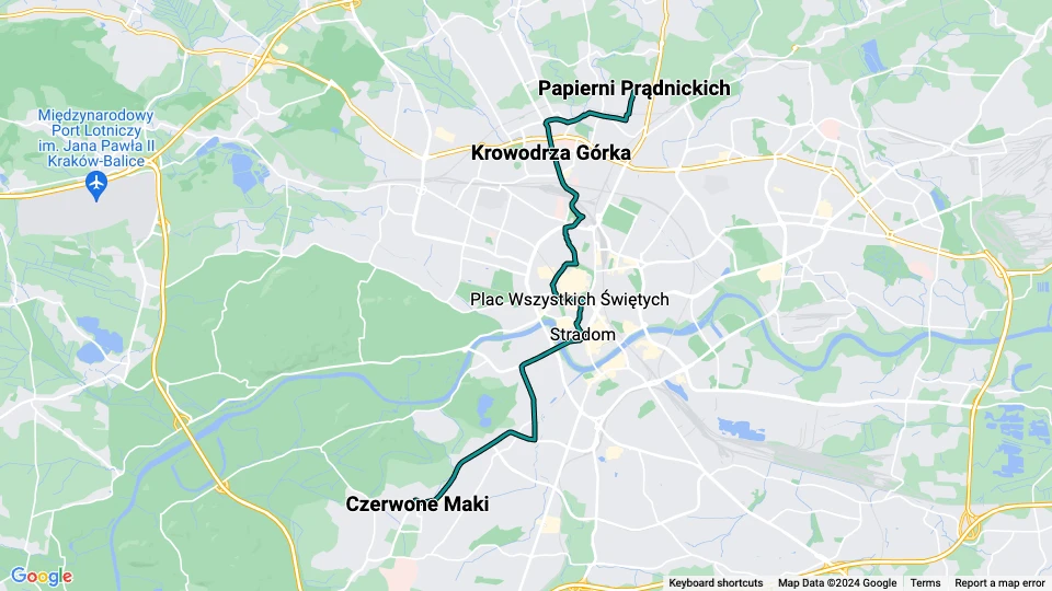 Krakau Straßenbahnlinie 18: Papierni Prądnickich - Czerwone Maki Linienkarte