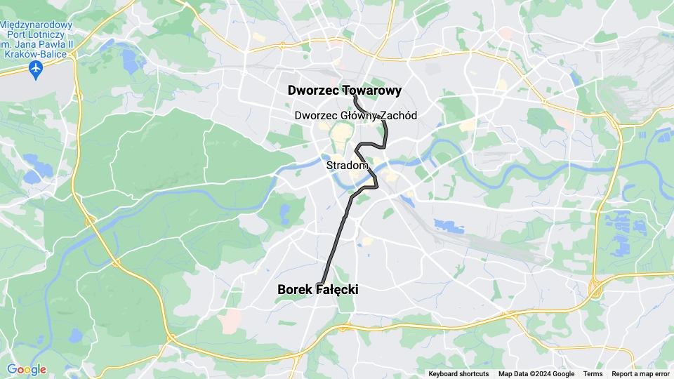 Krakau Straßenbahnlinie 19: Dworzec Towarowy - Borek Fałęcki Linienkarte