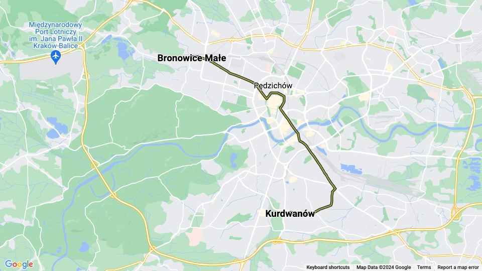 Krakau Straßenbahnlinie 24: Kurdwanów - Bronowice Małe Linienkarte