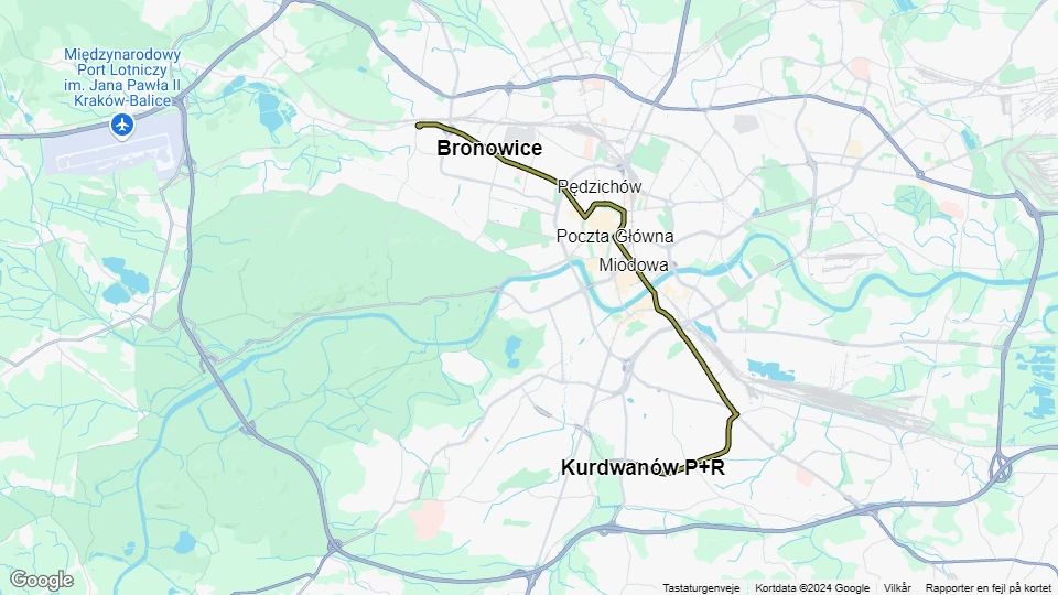 Krakau Straßenbahnlinie 24: Kurdwanów P+R - Bronowice Małe Linienkarte