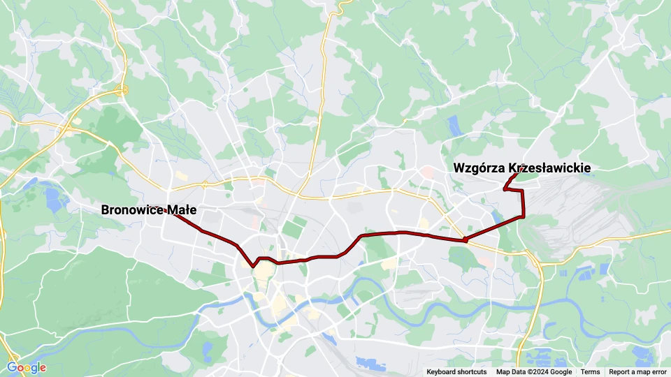 Krakau Straßenbahnlinie 4: Wzgórza Krzesławickie - Bronowice Małe Linienkarte