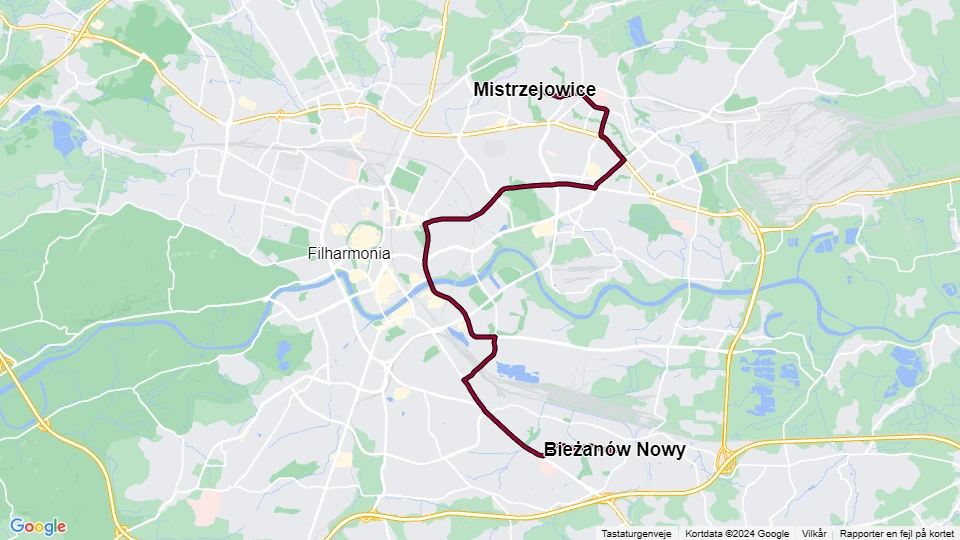 Krakau Straßenbahnlinie 9: Bieżanów Nowy - Mistrzejowice Linienkarte
