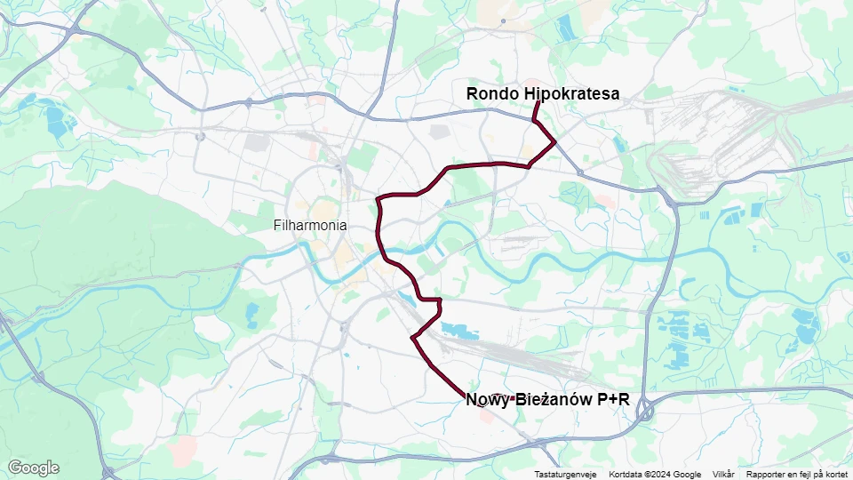 Krakau Straßenbahnlinie 9: Nowy Bieżanów P+R - Rondo Hipokratesa Linienkarte