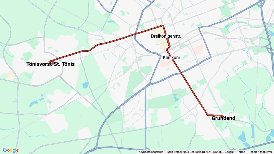 Krefeld Straßenbahnlinie 041: Grundend - Tönisvorst-St. Tönis Linienkarte