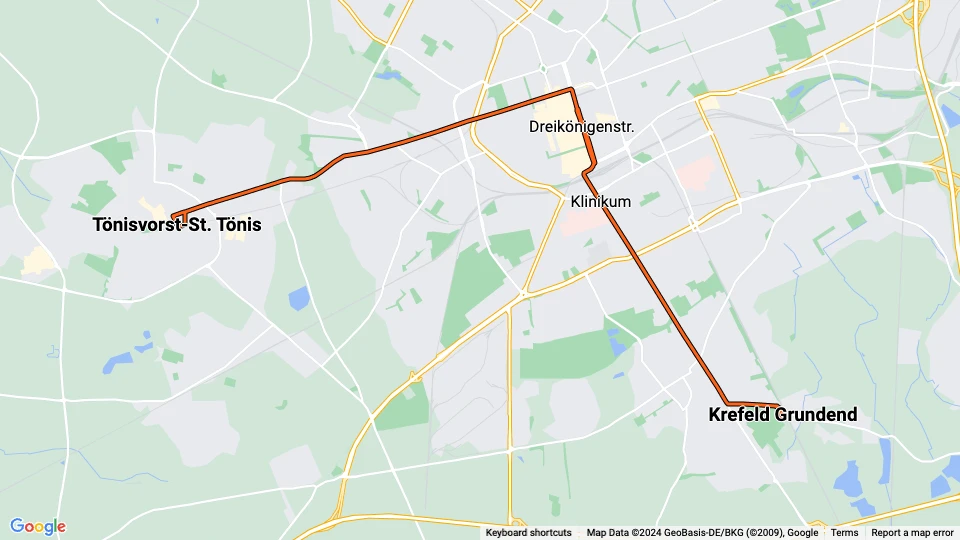 Krefeld Straßenbahnlinie 041: Krefeld Grundend - Tönisvorst-St. Tönis Linienkarte