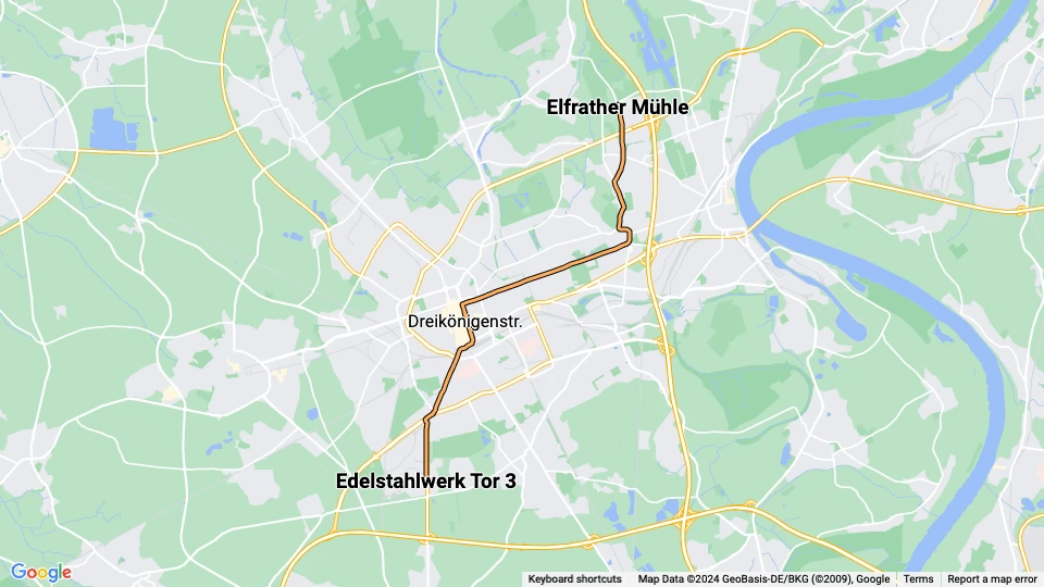 Krefeld Straßenbahnlinie 042: Elfrather Mühle - Edelstahlwerk Tor 3 Linienkarte
