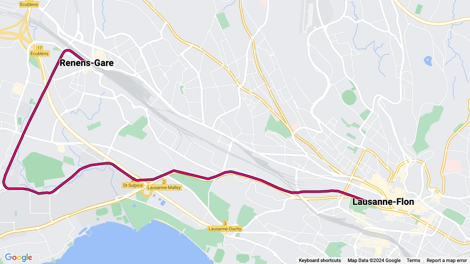 Lausanne Straßenbahnlinie M1: Renens-Gare - Lausanne-Flon Linienkarte