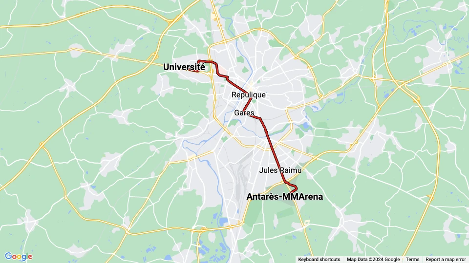 Le Mans Straßenbahnlinie T1: Université - Antarès-MMArena Linienkarte