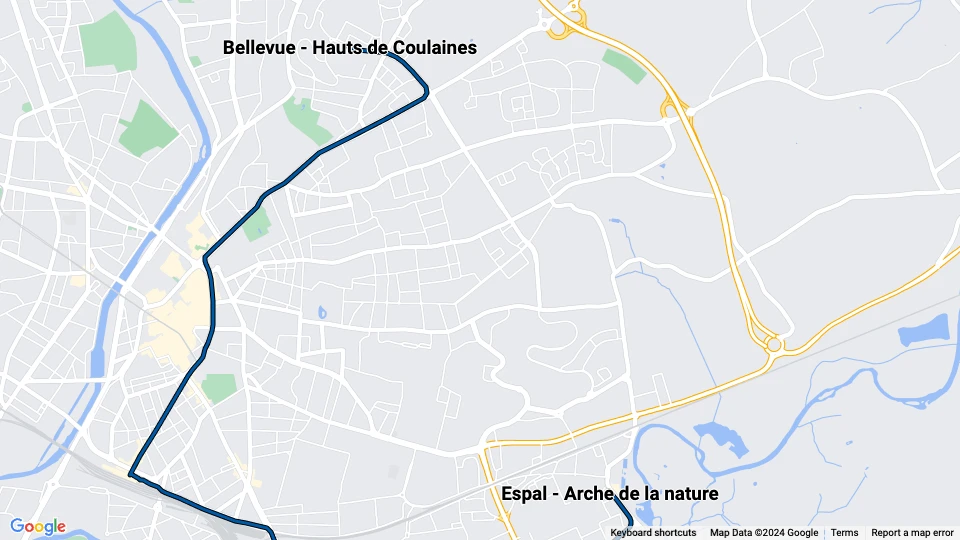 Le Mans Straßenbahnlinie T2: Espal - Arche de la nature - Bellevue - Hauts de Coulaines Linienkarte