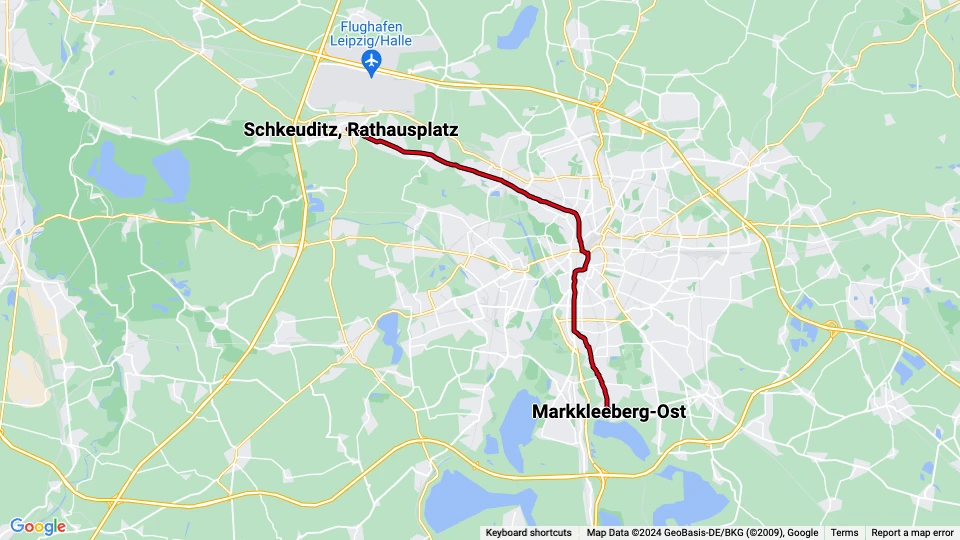 Leipzig Straßenbahnlinie 11: Schkeuditz, Rathausplatz - Markkleeberg-Ost Linienkarte