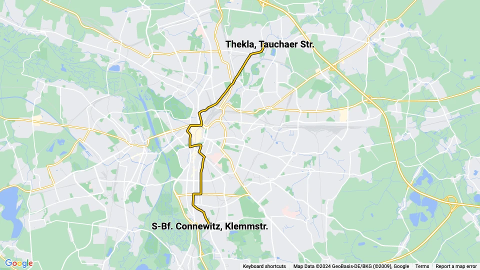 Leipzig Straßenbahnlinie 9: Thekla, Tauchaer Str. - S-Bf. Connewitz, Klemmstr. Linienkarte