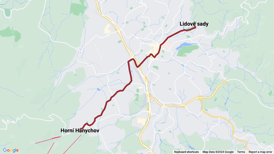 Liberec Straßenbahnlinie 3: Lidové sady - Horní Hanychov Linienkarte