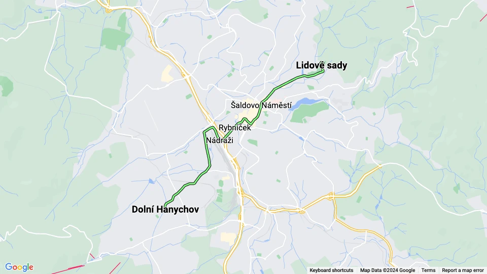 Liberec Zusätzliche Linie 2: Lidové sady - Dolní Hanychov Linienkarte