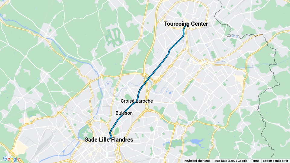 Lille Straßenbahnlinie T: Gade Lille Flandres - Tourcoing Center Linienkarte