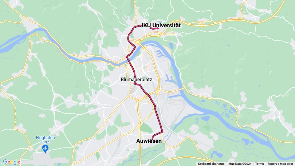 Linz Straßenbahnlinie 1: JKU Universität - Auwiesen Linienkarte