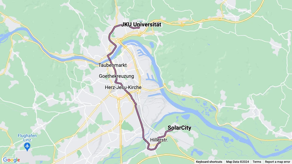 Linz Straßenbahnlinie 2: JKU Universität - SolarCity Linienkarte