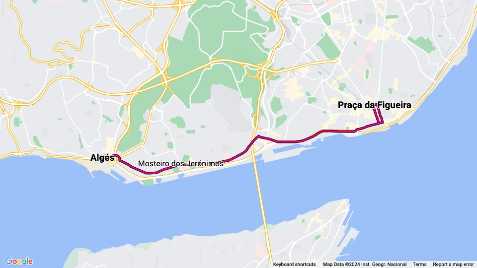 Lissabon Straßenbahnlinie 15E: Praça da Figueira - Algés Linienkarte