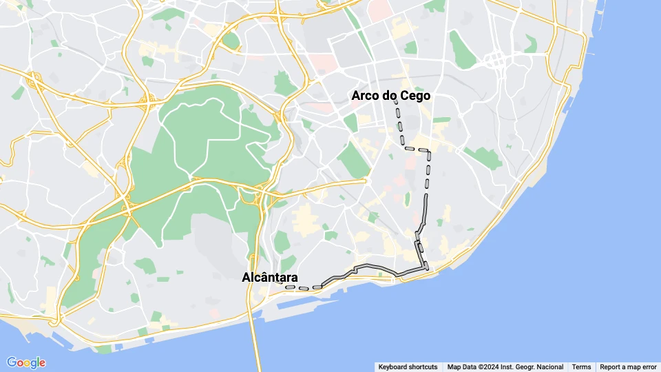 Lissabon Straßenbahnlinie 19: Arco do Cego - Alcântara Linienkarte