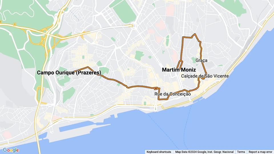Lissabon Straßenbahnlinie 28E: Campo Ourique (Prazeres) - Martim Moniz Linienkarte