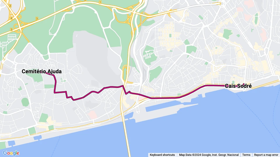 Lissabon Zusätzliche Linie 18E: Cais Sodré - Cemitério Ajuda Linienkarte